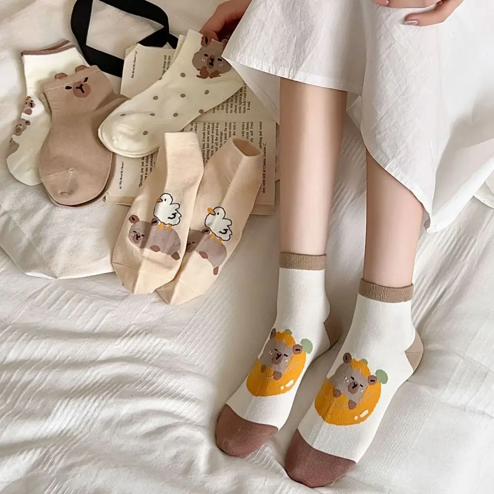 Cartoon Capybara Socks Cute Japanese Cotton Mid-tube Socks Coffee Thin Casual Hosiery Outdoor