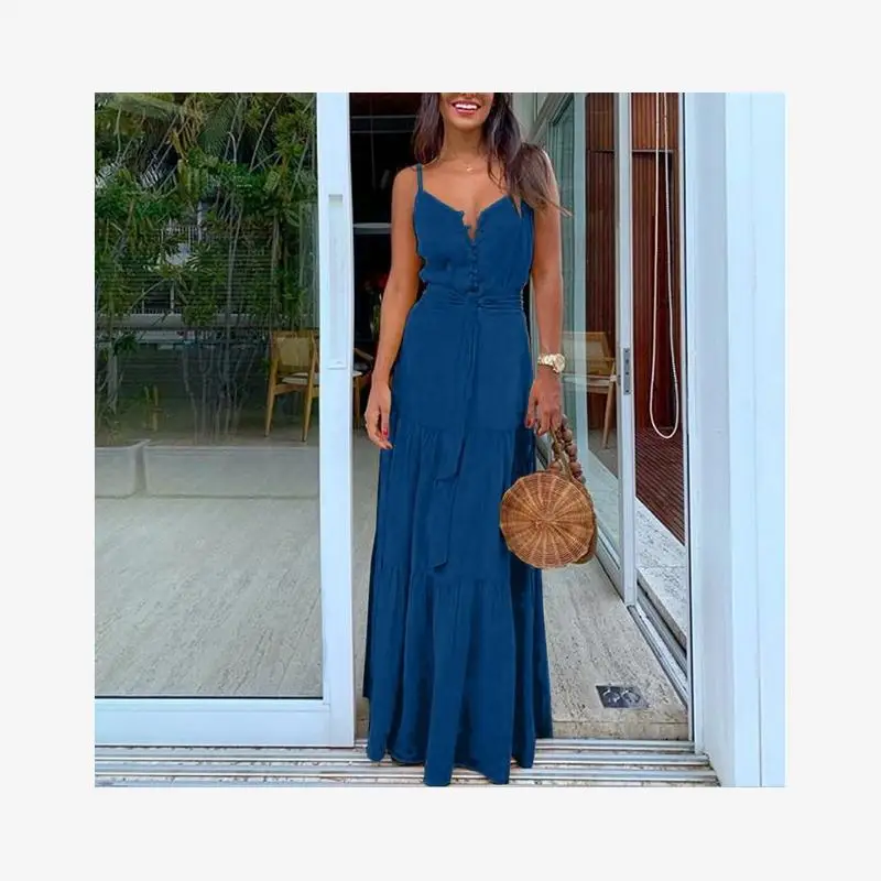 Street Sle Summer New Personali Button Collar Patchwork Strap Long Dr High Waist A-Line Silhouette V-Ne Svel