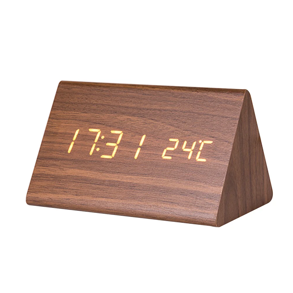 

Wooden LED Digital Alarm Clock Brown with White Display Adjustable Brightness Temperature Night Mode for Home Office