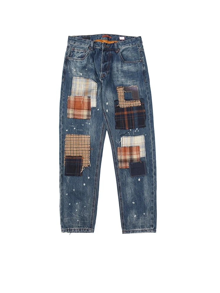 

Retro Japanese Waed Denim Jeans Patchwork Loose Casual Straight Leg Trousers Cotton Polyester Blend mid Waist Long Pants