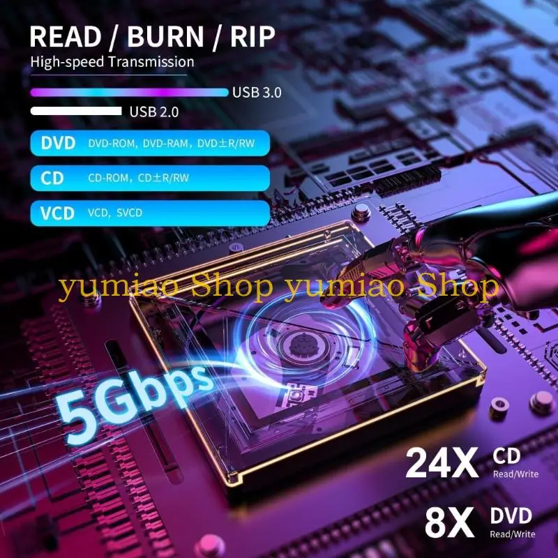 

587B External Disc Drive With Color Lighting USB3.0 Type C Port 24X Burning Speed