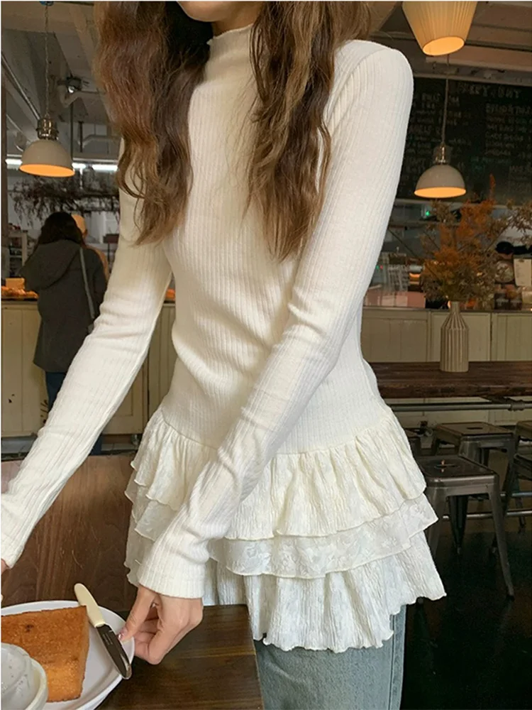 

Корейская футболка Sle Long Sve, женская облегающая футболка с высоким воротником и кружевной отделкой, многослойная верхняя одежда, осенне-зимний дизайн Sense