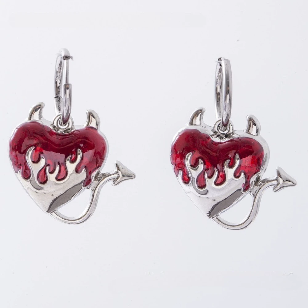 Gothic Personality Silver Color Stainless Steel Red Drip Glaze Heart-shaped Flame Arrow Tail Dangle Earrings for Women Jewelry