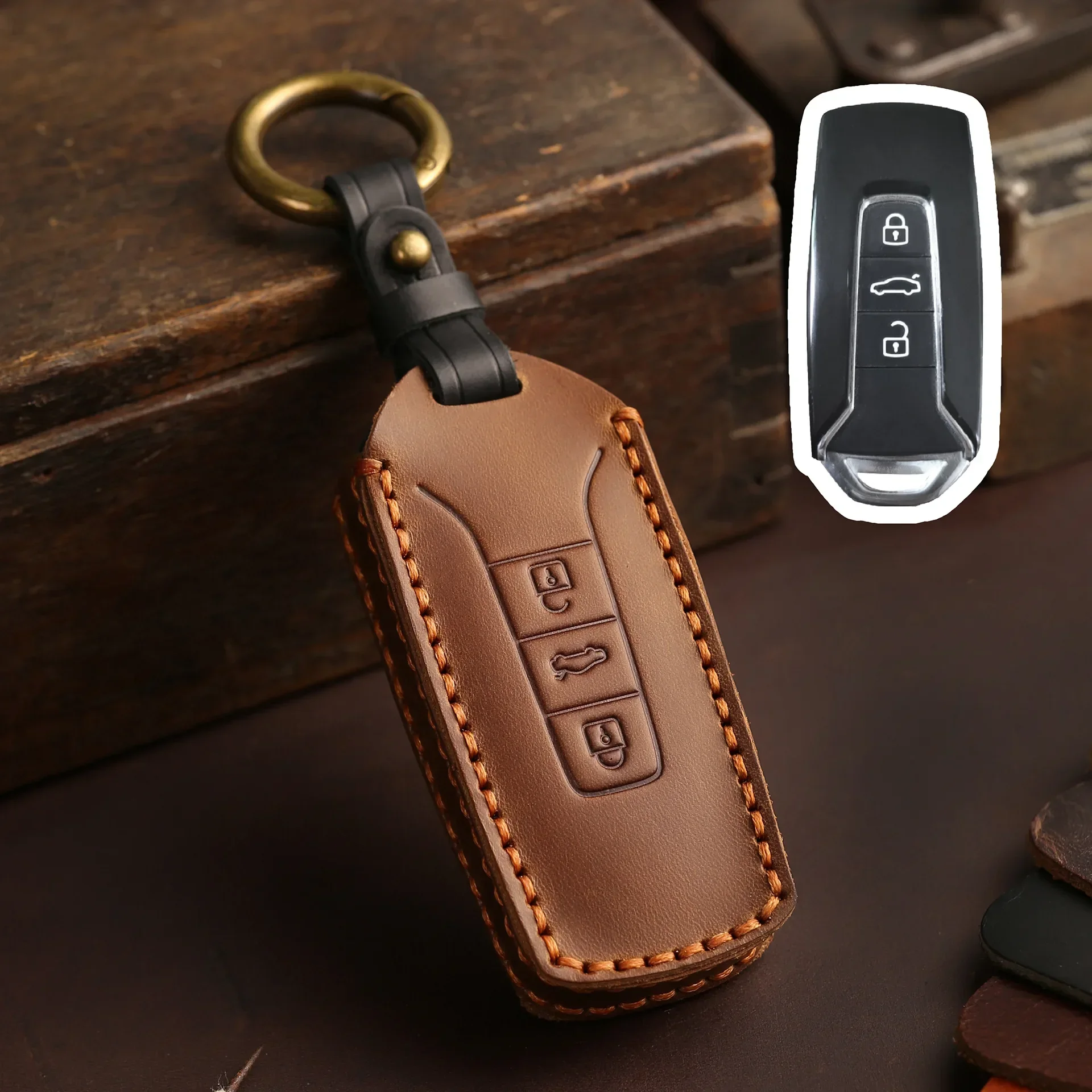 Leather Key Case Holder Shell for VW Volkswagen Touareg 2018 2019 2020 2021 Remote Car Cover Protector Set Keychain Accessories