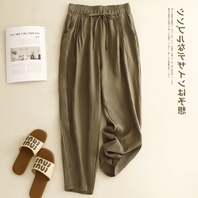 الرجعية مطوي اللون القطن الكتان سليم صالح عارضة السراويل مرونة الخصر السراويل الطويلة ل زائد حجم النساء لباس غير رسمي