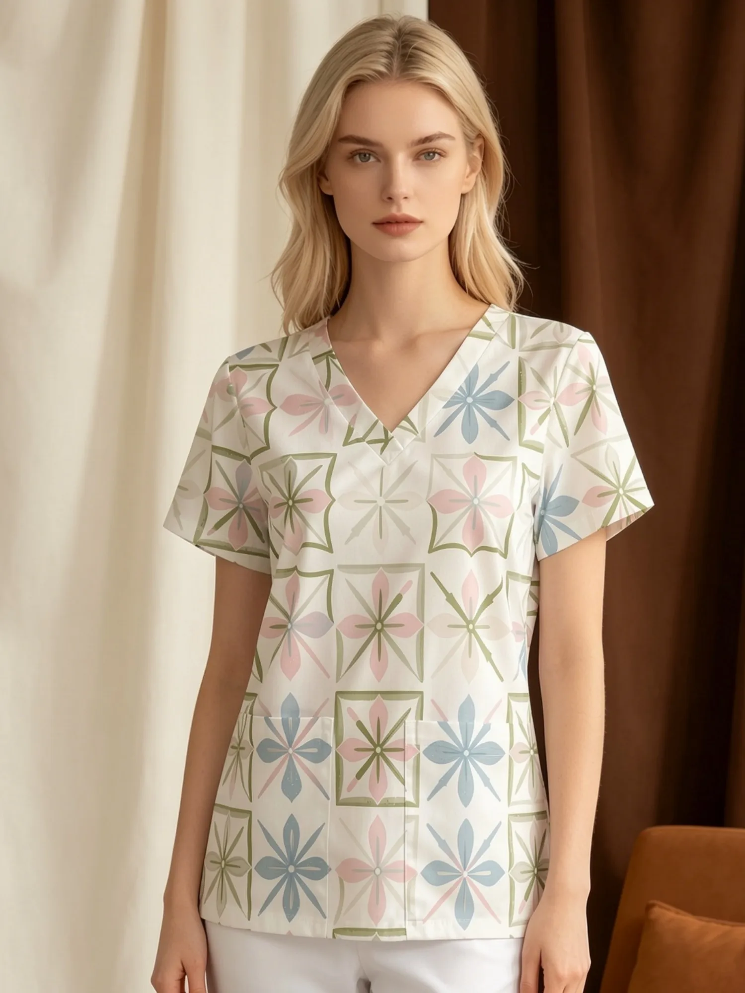 Ladies V Neck Floral Design Nurse Scrub Top Designed With Front Pockets Casual Nursing Look Loose Fit For Everyday Hospital Work
