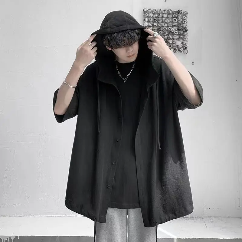 Elegant Fashion Harajuku Slim Fit Ropa Hombre Loose Casual Sport All Match Outerwear Solid Button Short Sleeve Hooded Shirt