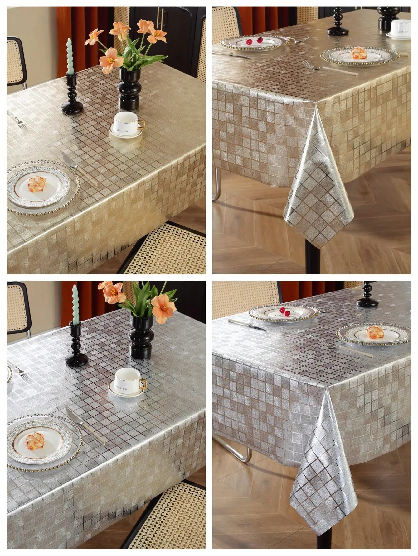 

1pc PVC Tablecloth - Waterproof, Oil & Heat Resistant, Gold/Silver Plaid Pattern, Easy Clean for Dining, Kitchen, Parties