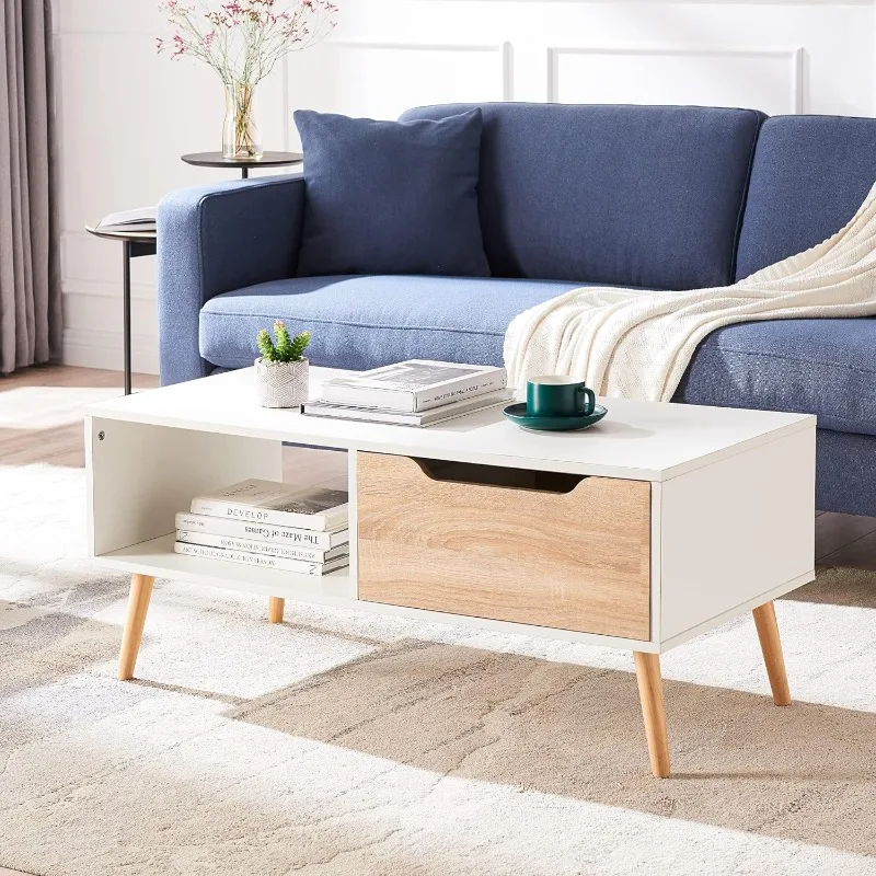 Modern Coffee Table, Wooden Console Table 2 Tier with Open Storage Shelf and 1 Drawer, Mid Century Modern Coffee Table