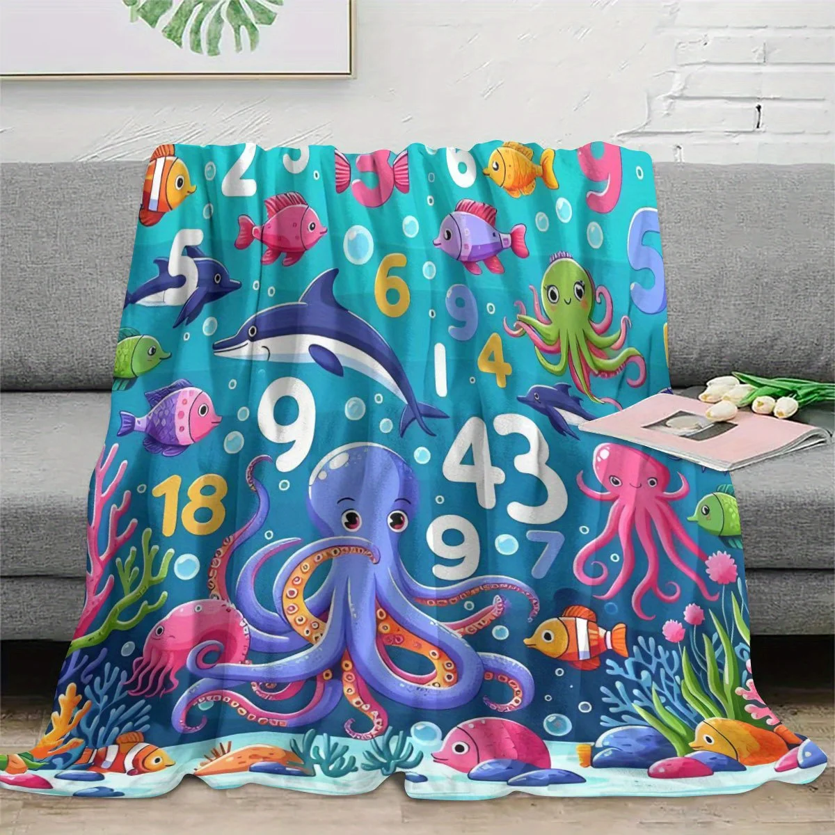 Vibrant Ocean Animal Throw Blanket for Kids Nursery Decor Sea Life Beach Theme Dolphin Octopus Fish Print Throw Cozy Plush Gift