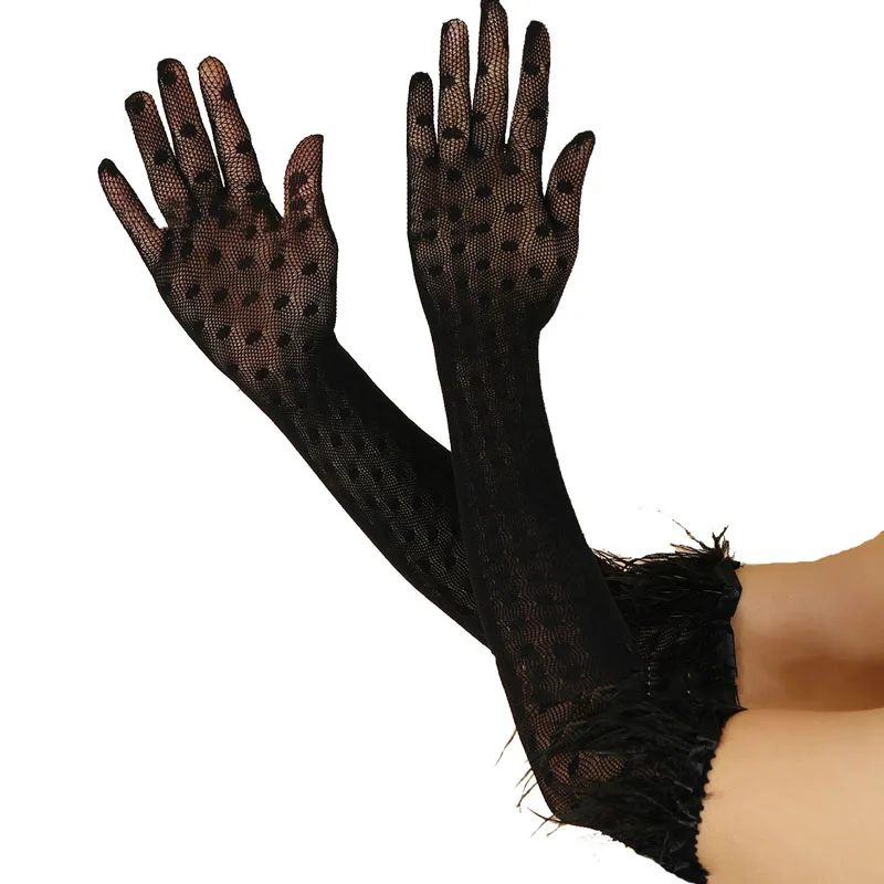 Women's vintage plus long polka dot mesh feather gloves European bridal party ball dress accessory gloves C062-10