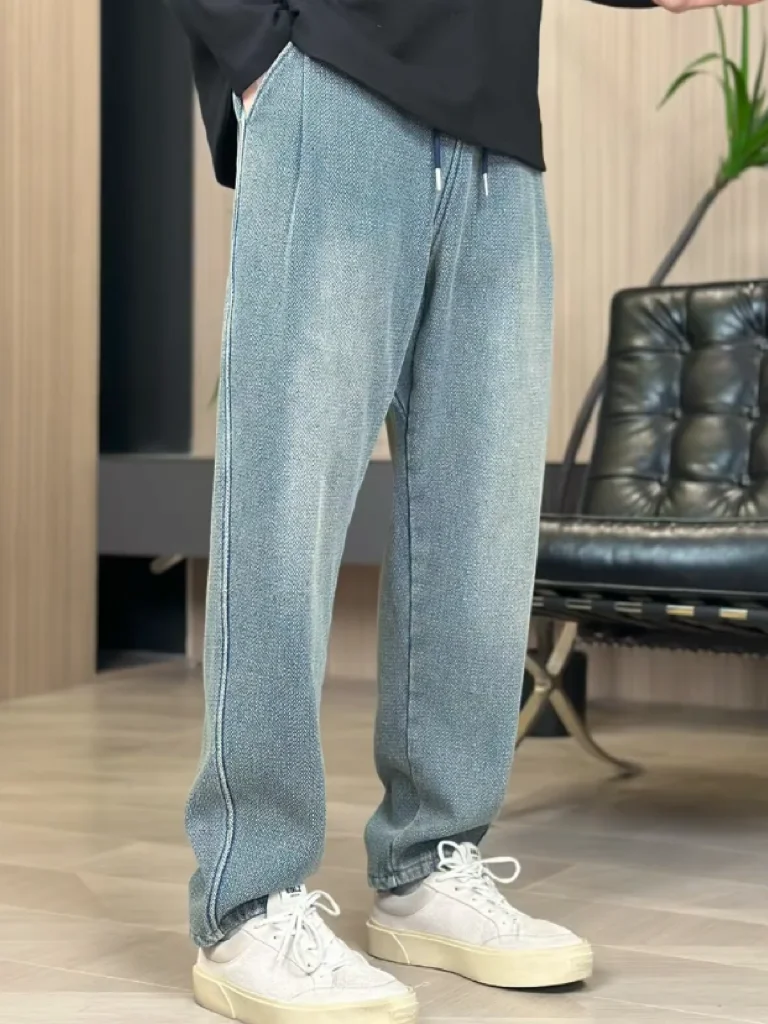 

Trendy Retro Dstring Loose Straight Leg Men's Jeans Versatile Casual Pants Autumn Winter Faion Simple Match Vintage Sle