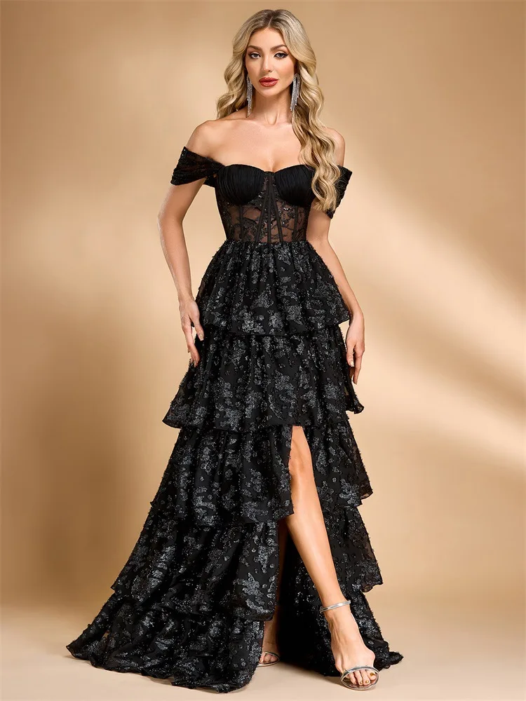 Long European and American Elegant Cold-Shoulder Cocktail Party Dinner Dress Luxury Split Bridesmaid Graduation Cake Dress