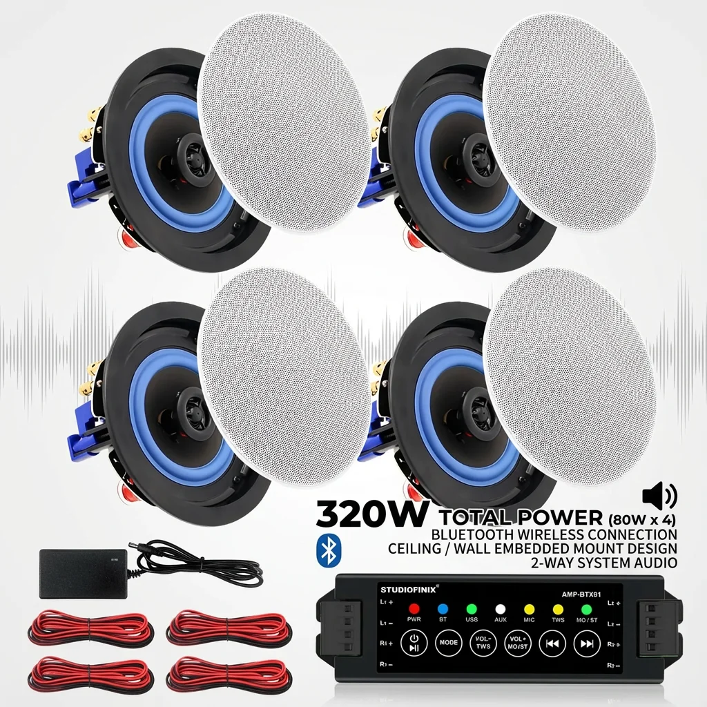 STUDIOFINIX 4'' 2-Way Bluetooth Ceiling Speakers 320W Wired Home Recessed Speaker Set Perfect For Indoor Home Flush Mount 4PCS