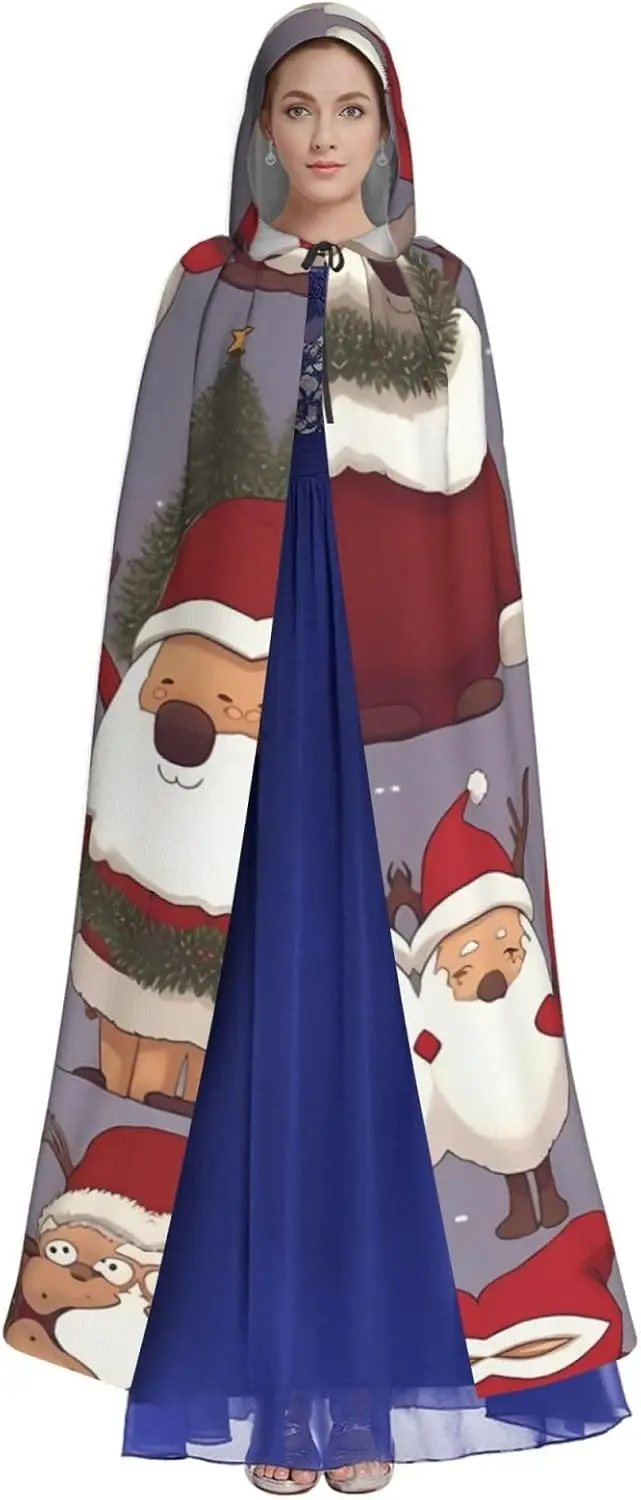 Kerst Kerstman Print Kapmantel, Volwassen Mantel Lange Cape Hoodie voor Kerstmis Halloween Cosplay Kostuums