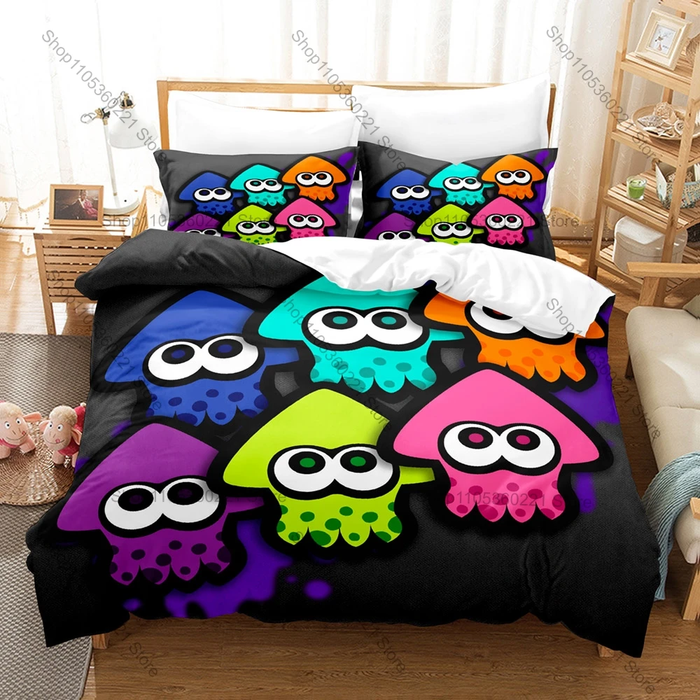 Splatoon Inkling Squid Bedding Set, Duvet Cover & 2 Pillowcases, Colorful Squid Design Breathable Fabric All Season Use
