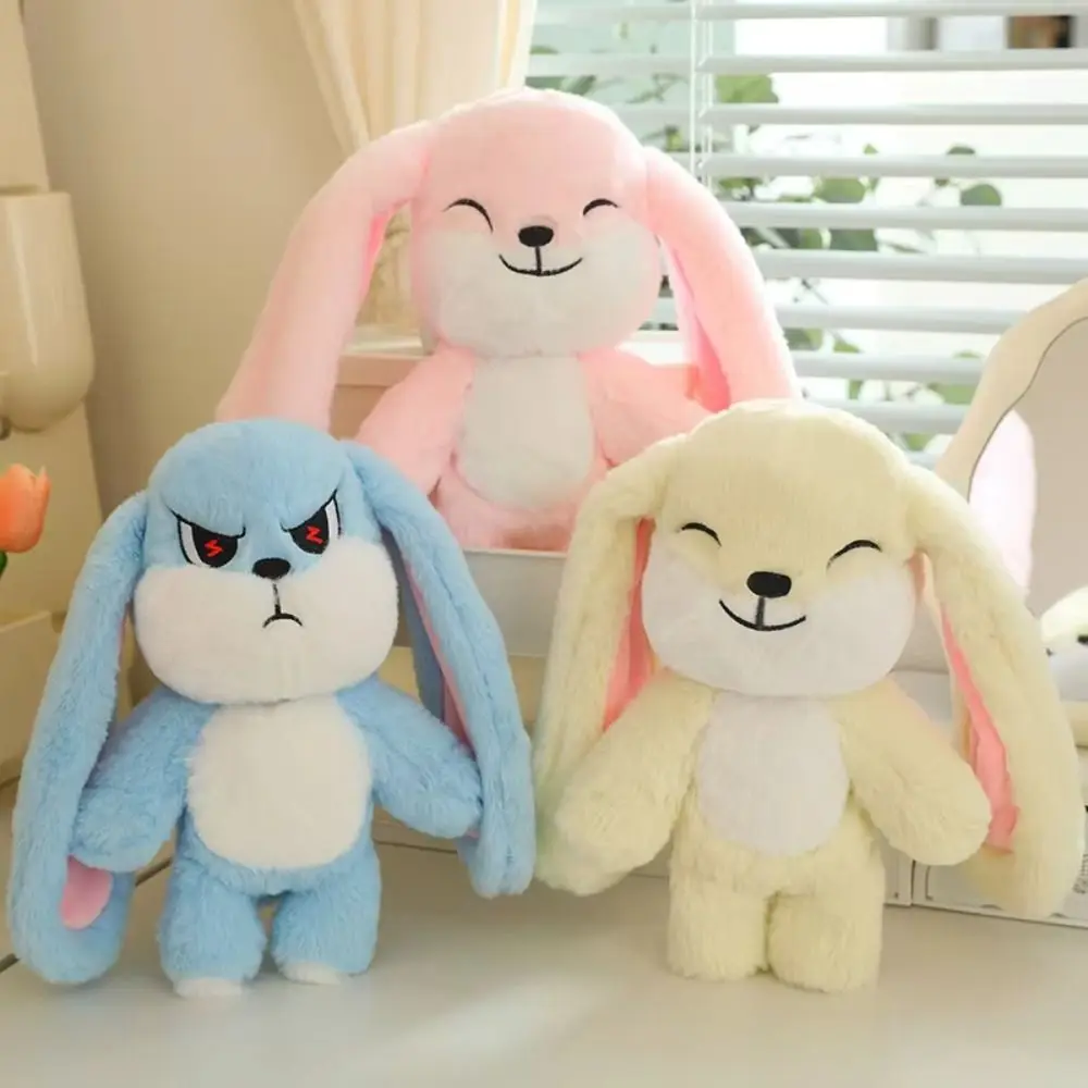 Head Can Rotated Long Ear Rabbit Plush Doll Happy To Angry PP Cotton Emoticon Rabbit Plush Toy 2 Facial Ornament