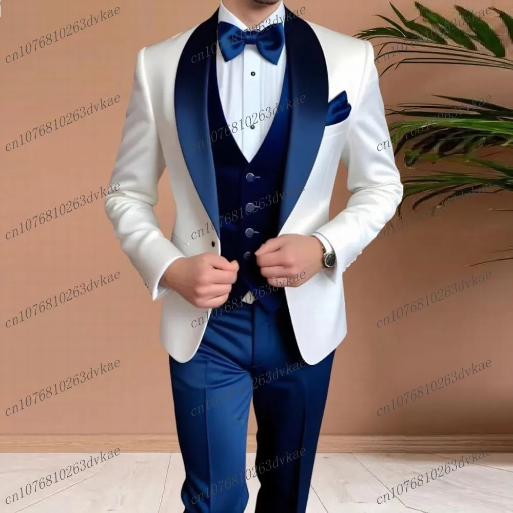 Acétate satin blanc et bleu marine hommes costume de mariage formel marié marié bal mâle Tuxedos 3 pièces ensemble veste gilet pantalon