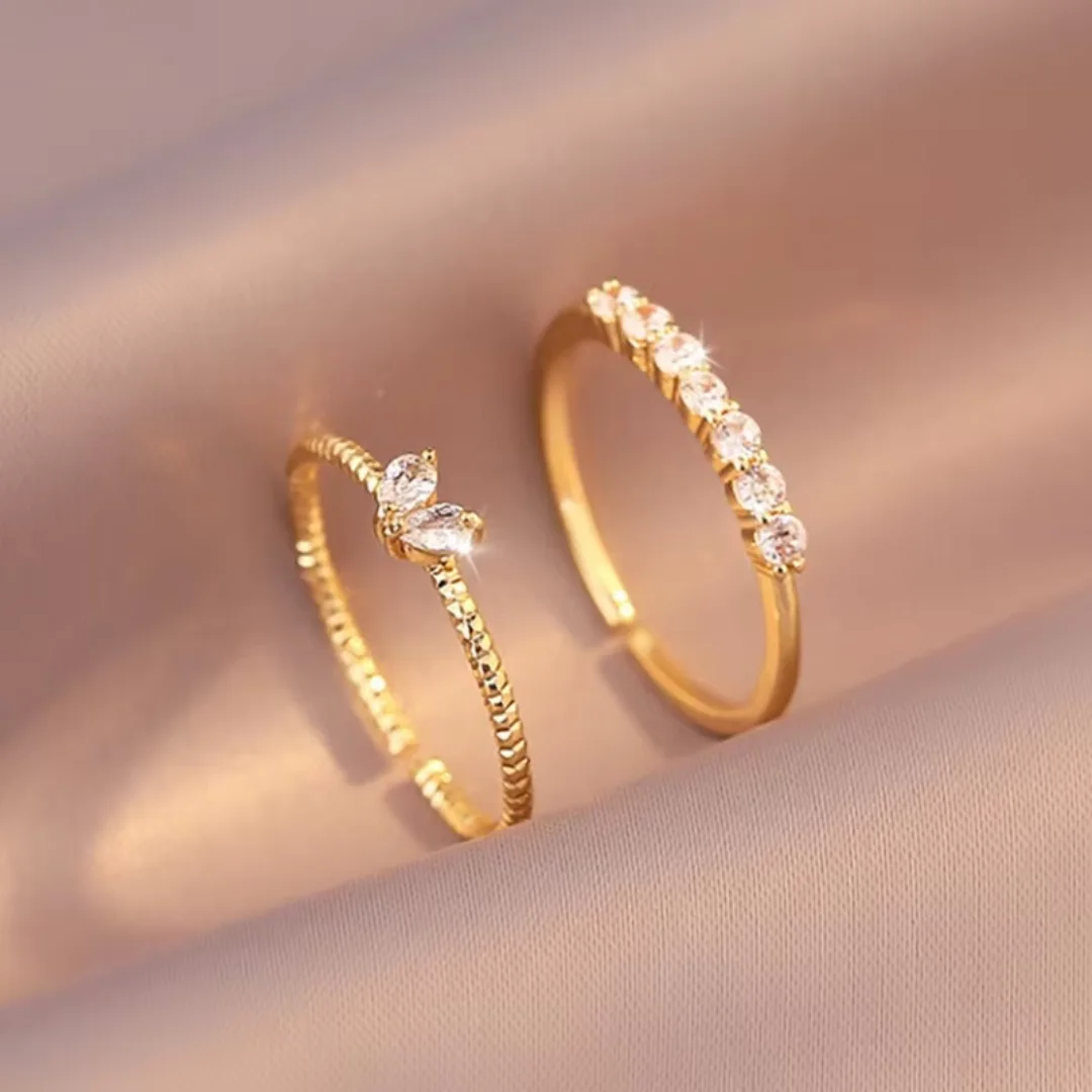 2-Piece Set Fashion Golden Heart-Shaped Zircon Ring, Women's Luxury Popular Elegant Twist Ring