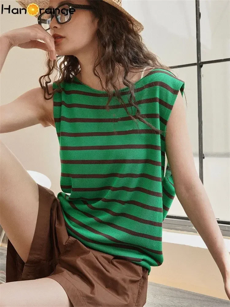 

HanOrange 2025 Summer Retro Stripe Knitted Tank Women Loose Comfortable Casual Top Female Vintage Black Apricot/Green Coffee