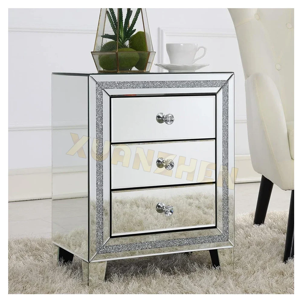 

NEW Bedroom Furniture Vanity Luxury Modern Crushed Diamond Side Table Mirrored Nightstand Bedside Table For Sale