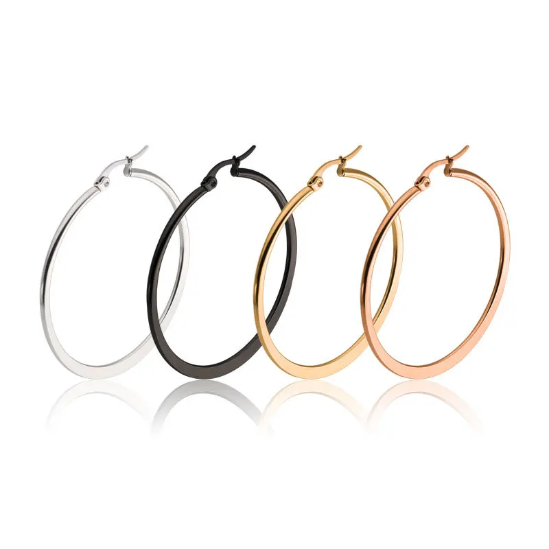 Round Flattened Big Hoop Earring For Women Girls Stainless Steel Circle Earings Lady Party Jewelry Punk Accessories Dropshipping