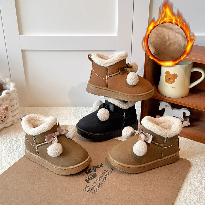 

Girls Princess Warm Boots Cute Sweet Bows Kids Thermal Boots Suede Comfortable 2025 Winter New Children Ankle Boots Soft Sole
