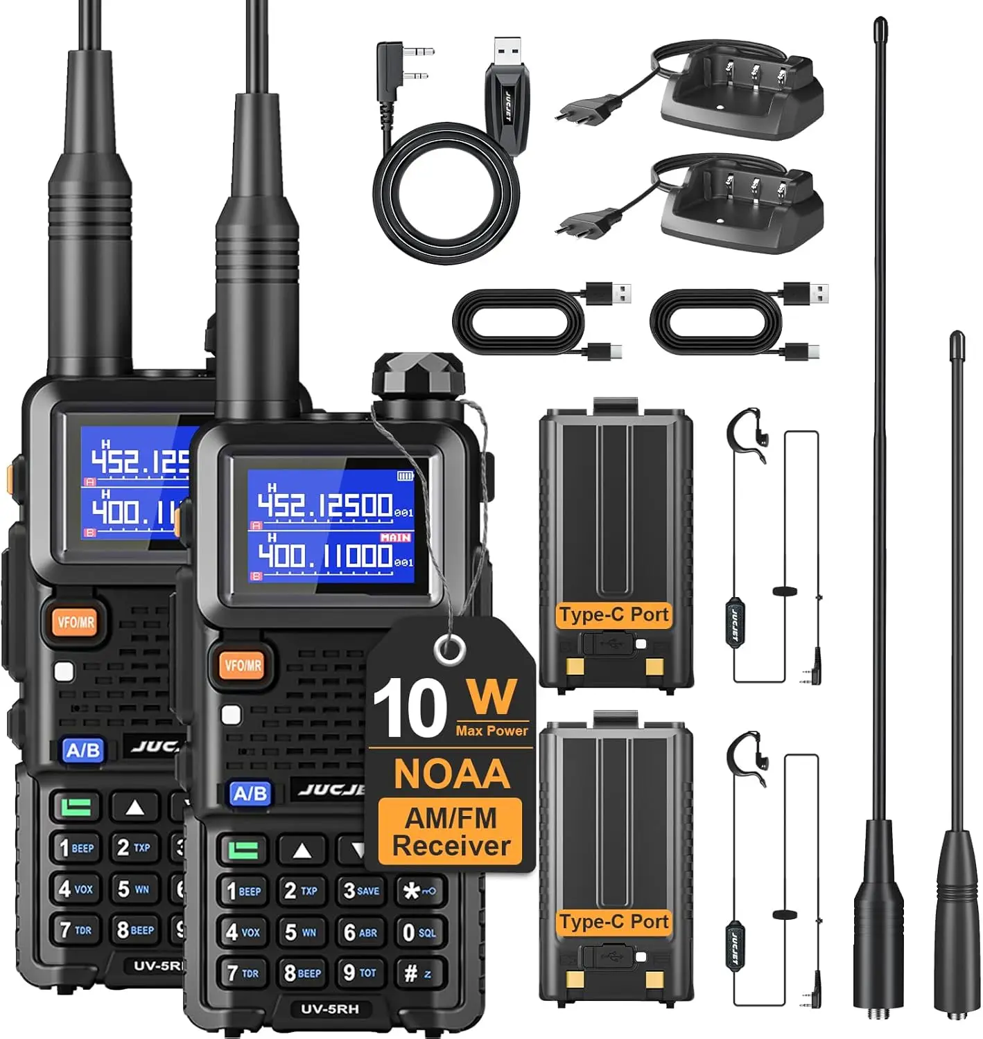 

Professional Ham Radio Handheld 10W High Power Multi-Band Two Way Radios Type-C Rechargeable 2500mAh Battery 999CH One Key Frequency Match Programming Cable 2 Pack