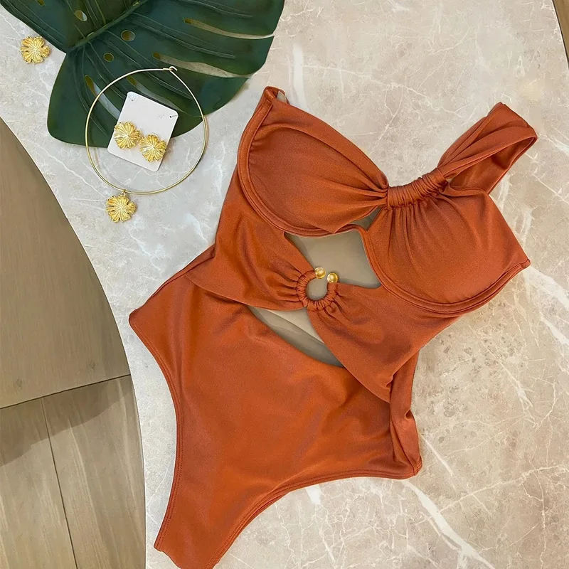 2026 One Shoulder Twist Knot Underwire One Piece Swimsuit Women Cut Out Metal Ring Push Up Tummy Control Swimwear Beach Vacation
