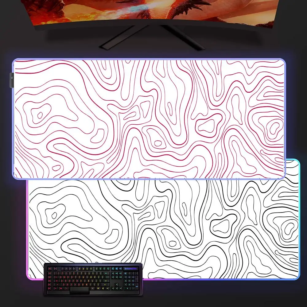 

White Contour Lines RGB Gaming Mouse Pad Desk Mat HD Gamer Accessories Large LED Light Mousepads PC Computer Carpet with Backlit