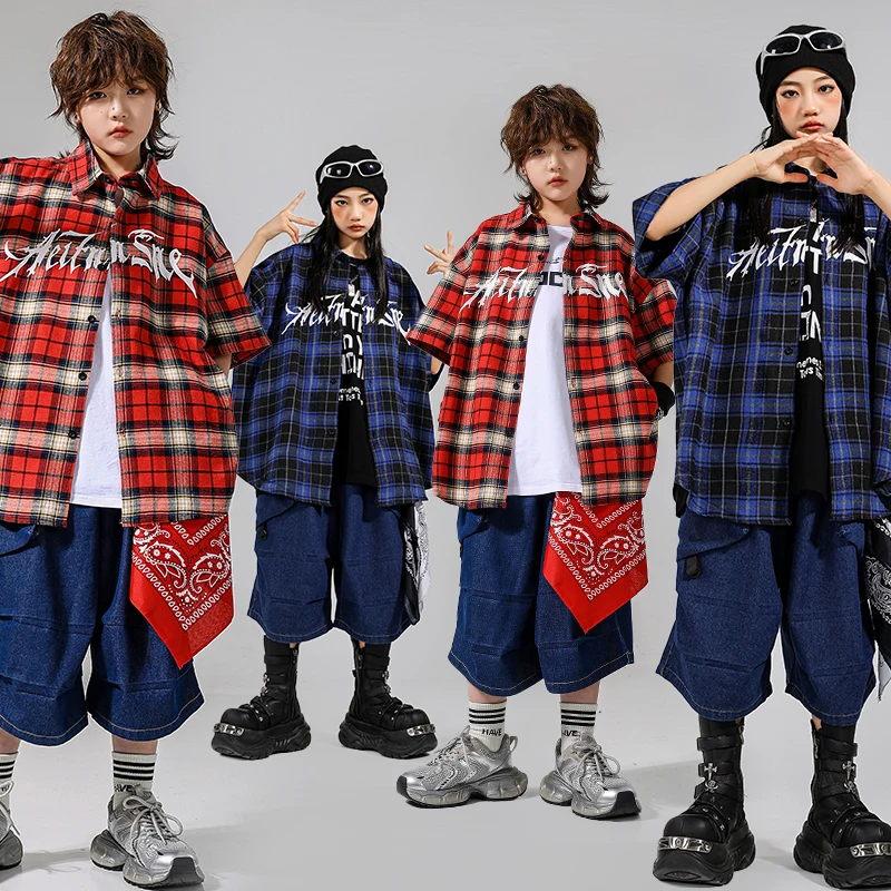 Jungen Hip Hop Lose Kariertes Hemd Cargo-Shorts Mädchen K-pop Street Dance Kleidung Kinder Streetwear Kinder Jazz Sommer Kleidung set