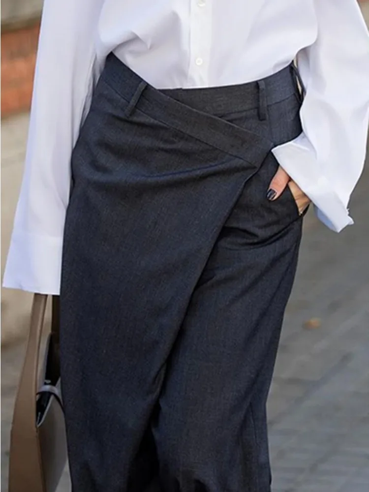 Bonboho Women\'s Solid Color Commuter Pants 2025 Summer New High Waist Asymmetric Wide Leg Trousers Casual Streetwear Pants