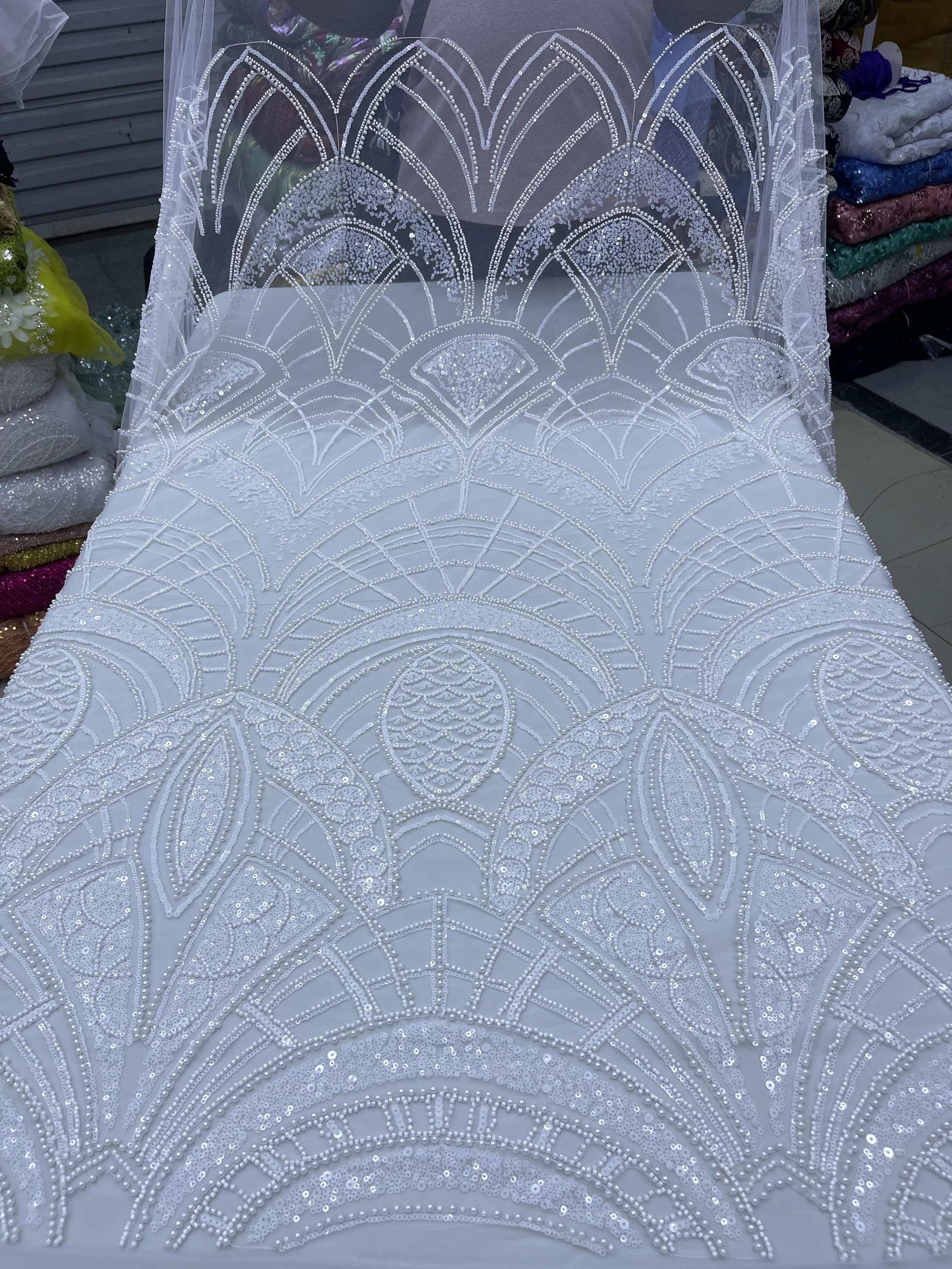 Nigerian Sequins Lace 2025 Collection Bridal Premium Embroidered Heavily Beaded Fabric 5 Yards for Elegant Wedding Gowns   F4583