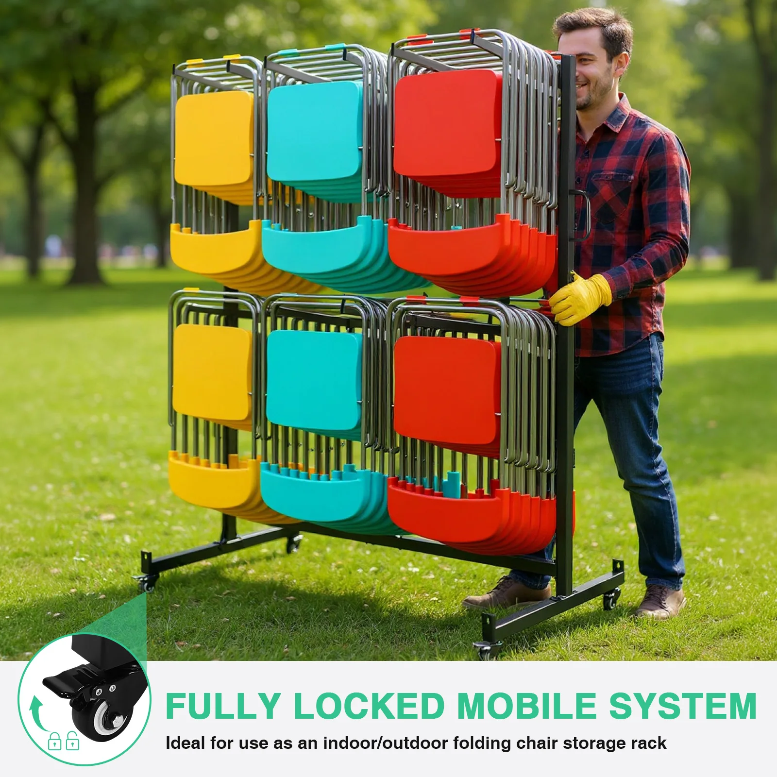 Dolly de almacenamiento de silla plegable con 4 ruedas de bloqueo, carrito de silla plegable resistente, carrito de estante para silla plegable para 12 mesas + 42 sillas