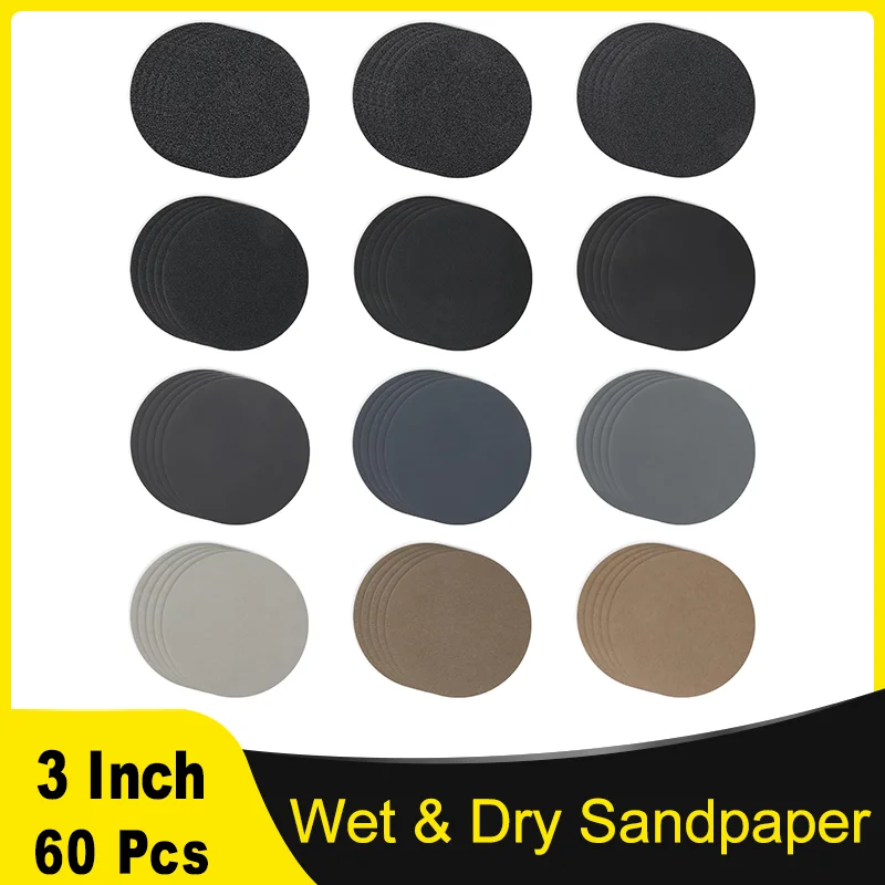 

3 Inch Hook Loop Wet and Dry Sandpaper Kit 60 Pcs 60-10000 Grit for Random Orbital Sander Metal Glass Wood Car Polishing