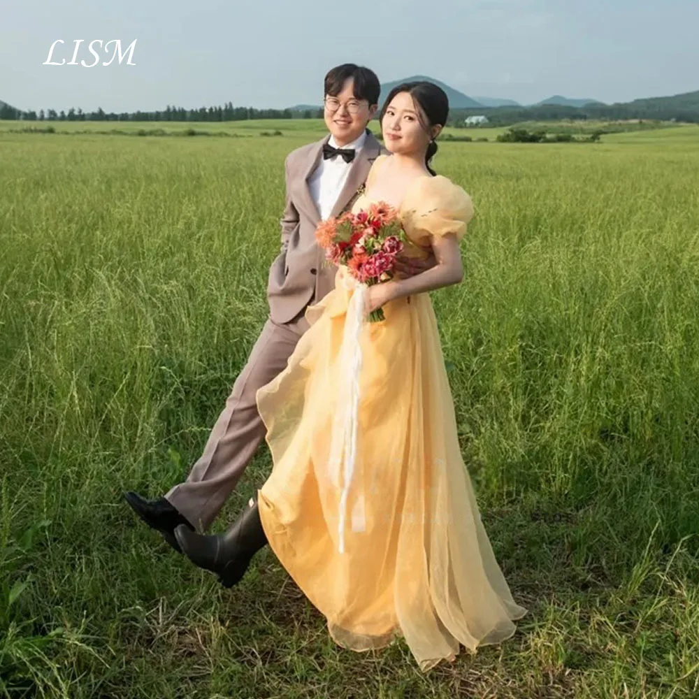 

Индивидуальное вечернее платье LISM из лимонного шелка-органзы в пасторальном стиле, с короткими рукавами-фонариками, для фотосессий в Корее и свадебных торжеств