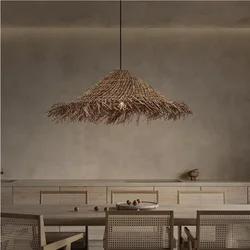 Wabi Sabi Style Restaurant Chandelier Chinese Retro Homestay Tea Room Chandelier Japanese Bedroom Straw Hat Rattan Woven Lamp