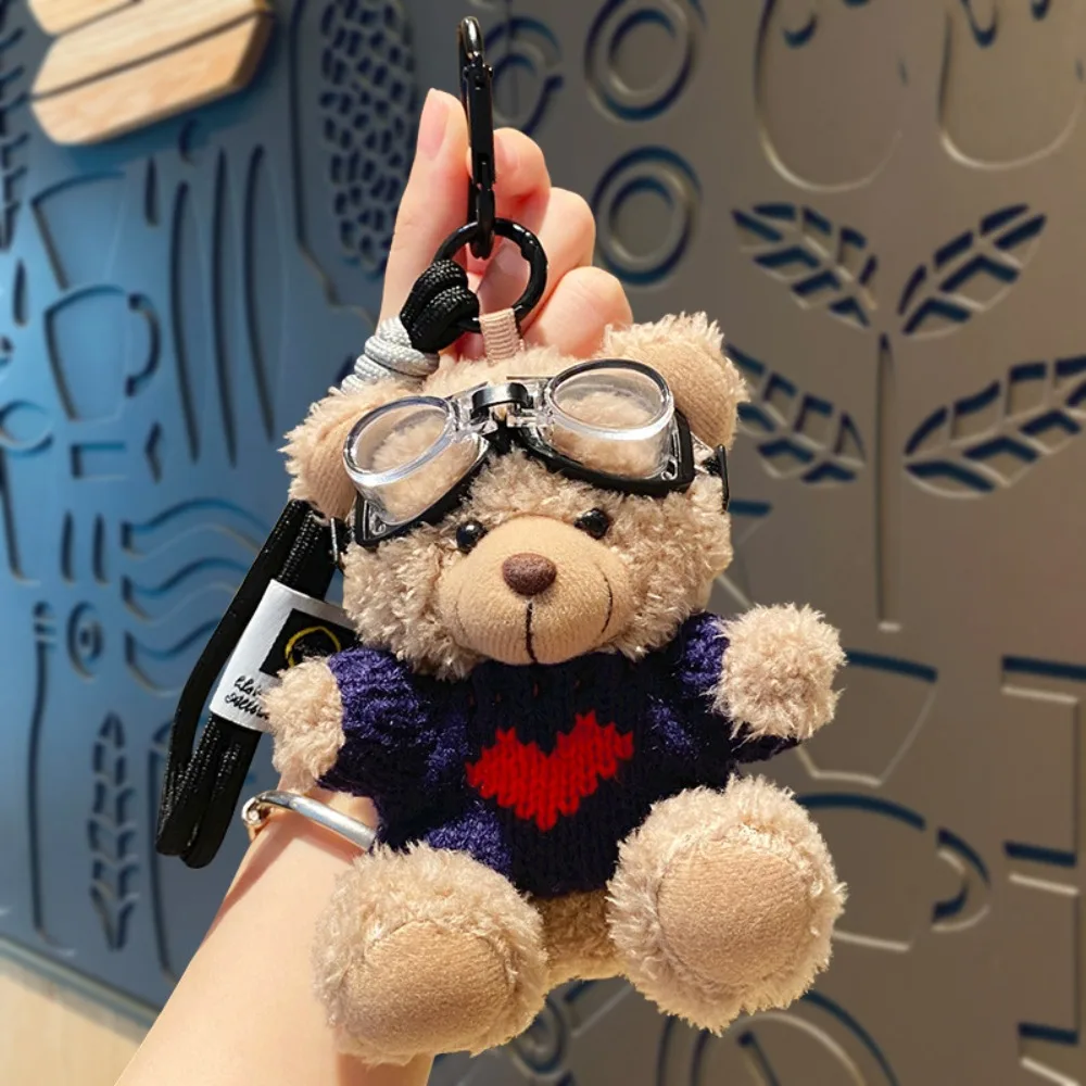 Goggles Pilot Bear Keychain Pearl Hanging Rope Plush Bear Key Ring Doll Clothing Bell Stuffed Animal Pendant Couple