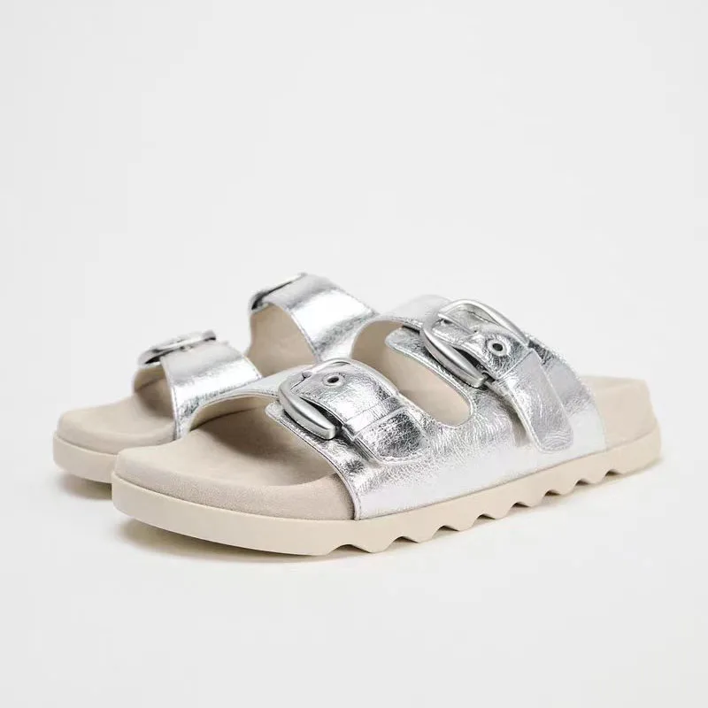 

TRAF Silvery Buckle Strap Upper Flatform Slipper Women New Round Head Open Toe Flat Sandals Chic Anti Slip Sole Shoes For Woman