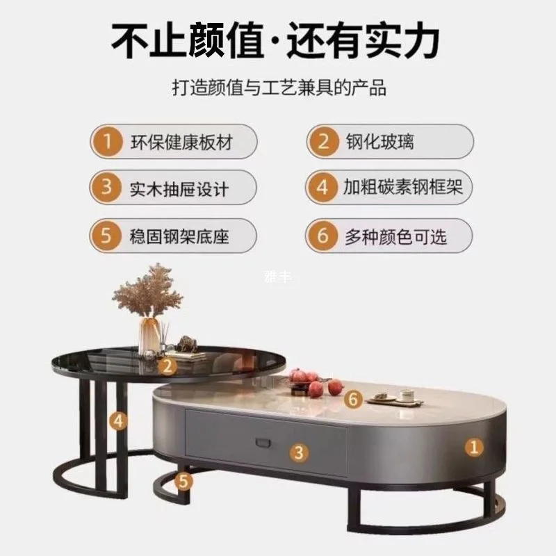 غرفة معيشة إيطالية فاخرة من الزجاج البيضاوي الخفيف، مجموعة طاولة قهوة رخامية راقية