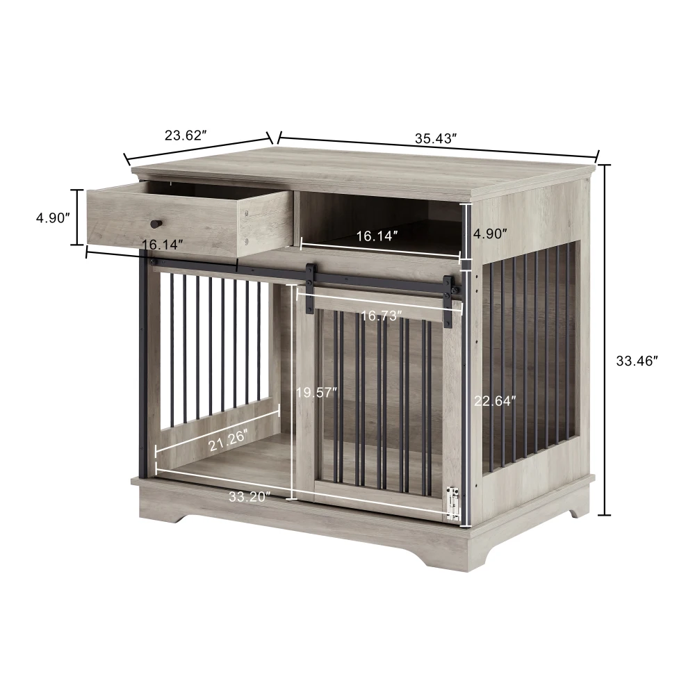 Sliding door dog crate with drawers. Grey,35.43'' W x 23.62'' D x 33.46'' H