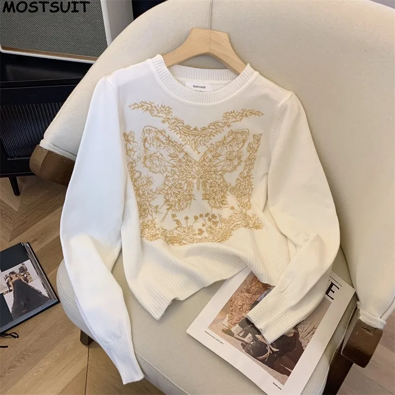 Embroidery Vintage Sweater For Women Elegant Fashion Stylish Chic Knitwear Tops 2024 Autumn Long Sleeve O-neck Jumpers Femme