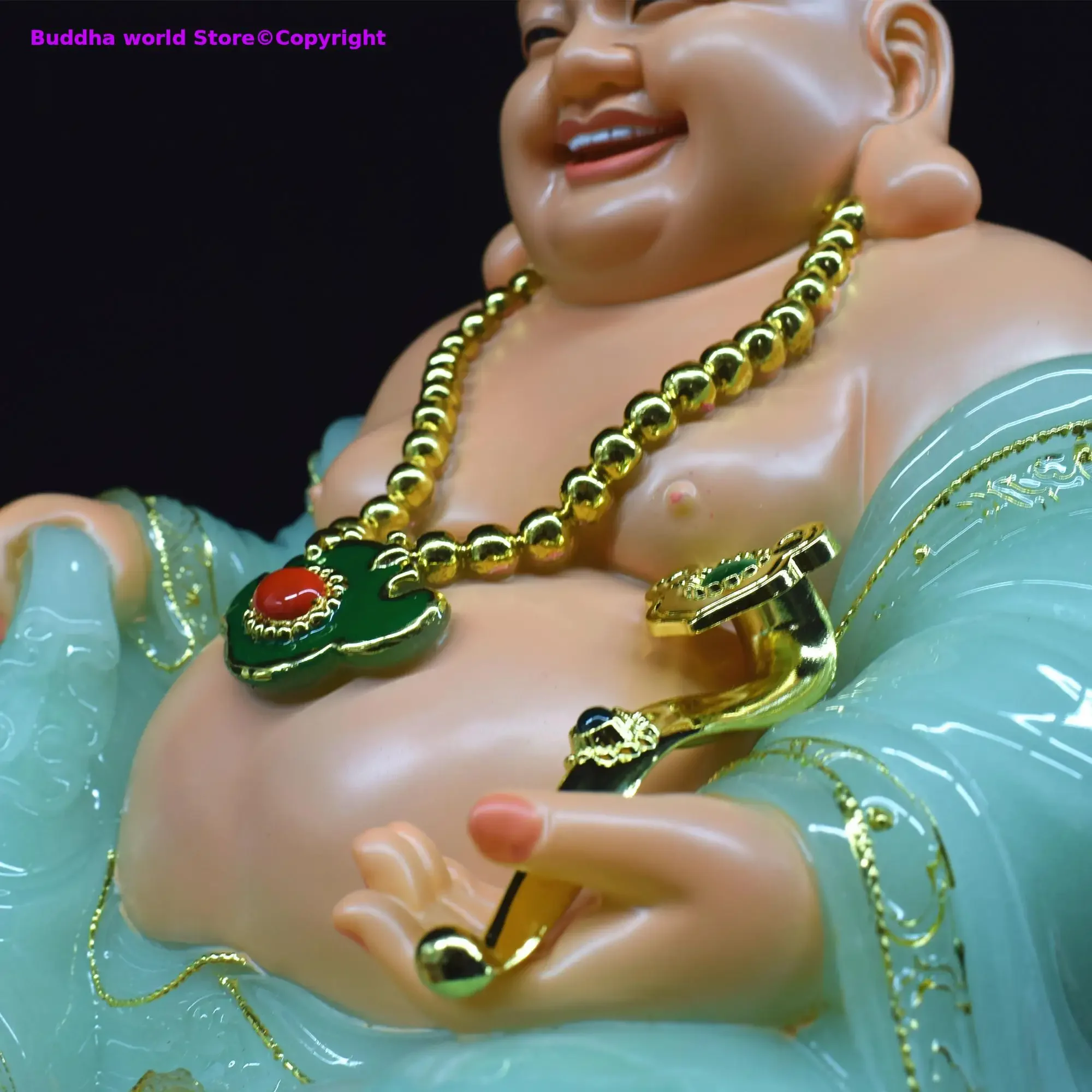 Asia high-grade Buddha statue Home store company Shrine GOOD LUCK RUYI God of wealth Maitreya Buddha jade gilding Sculpture