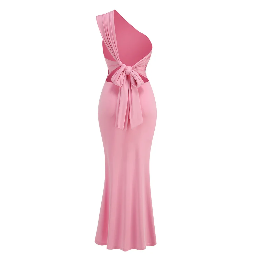 Vestido longo sem encosto de um ombro feminino, cor rosa, comemoração de aniversário, vestido de encontro feminino, moda sexy