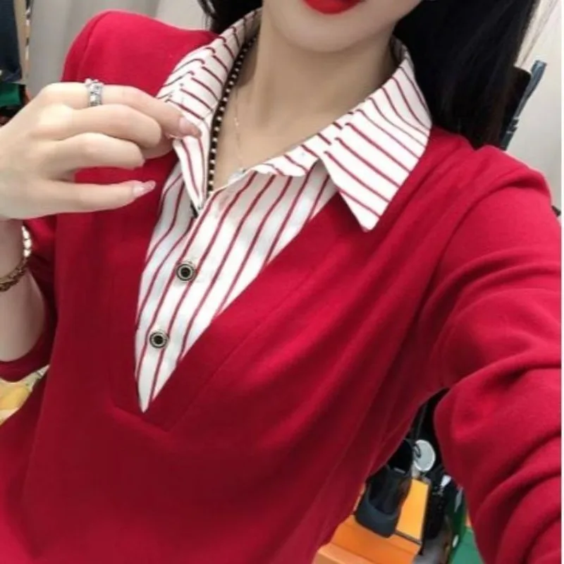 Autumn Winter Women's Pullover Turn-down Collar Striped Button Solid Color Patchwork Lantern Long Sleeved T-shirt Casual Tops