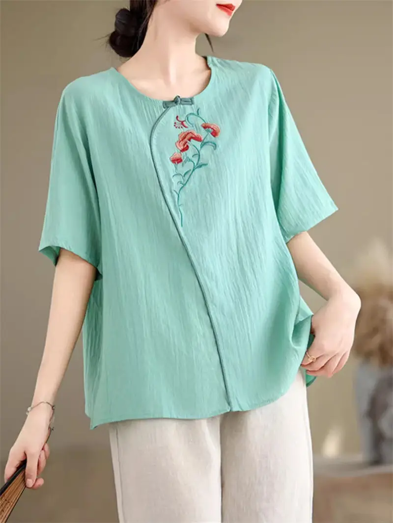 

Summer New Cotton And Linen Embroidered Short Sleeve T Shirt For Women's Large Size Loose Top Versatile And Casual Blusa k1240