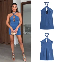 PB&ZA 2024 summer new women's fashion solid color sexy backless halter neck sleeveless hip short dress