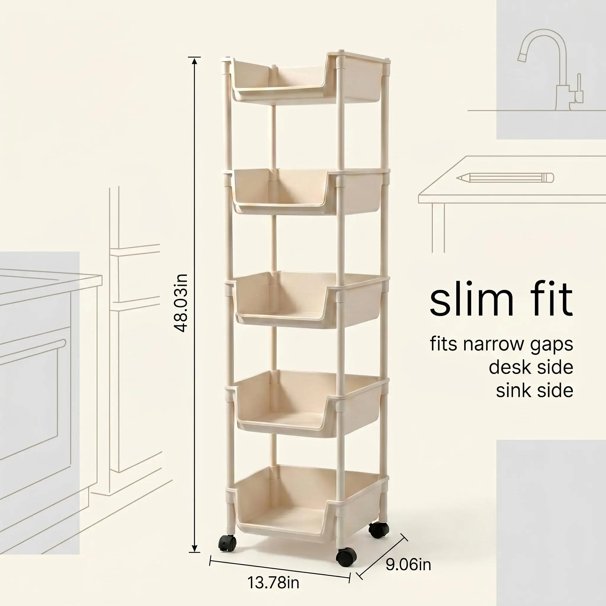 5 Tier Slim Rolling Storage Cart with Wheels Narrow Gap Organizer Rack Mobile Utility Trolley Space Saving Crevice Shelf Home Organization for Kitchen Bathroom Laundry Room Small Spaces view 2
