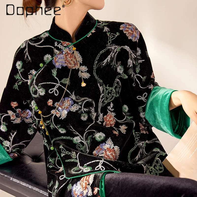 New Chinese 2025 New High-end Embroidered Long-sleeved Jacket Top Spring Black Stand Collar Light Luxury Celebrity Jacket Women