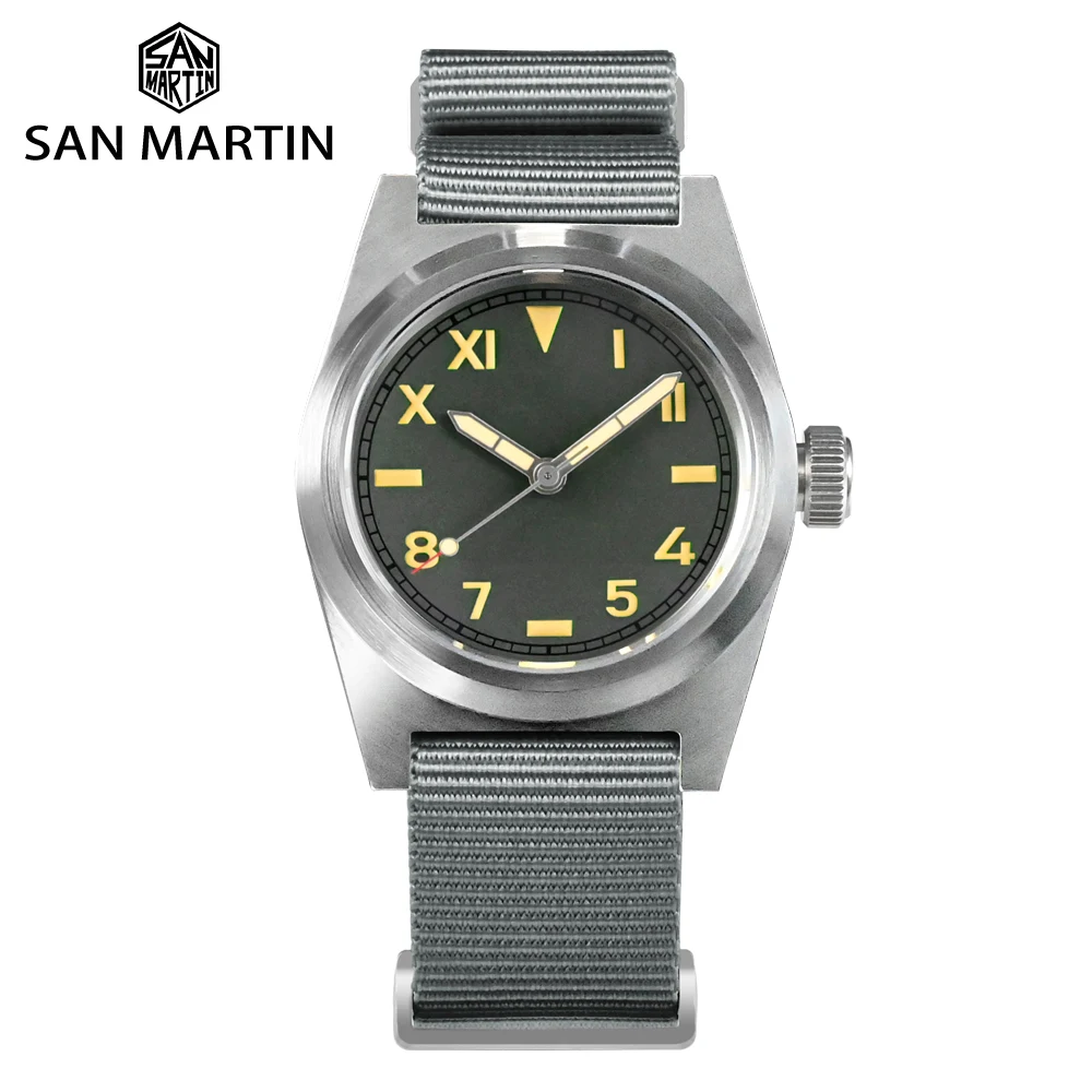 San Martin Pilot Watch NH35 38mm Vintage Military Enthusiasts Sapphire Automatic Mechanical Men Watches Nylon Strap 20Bar Lume